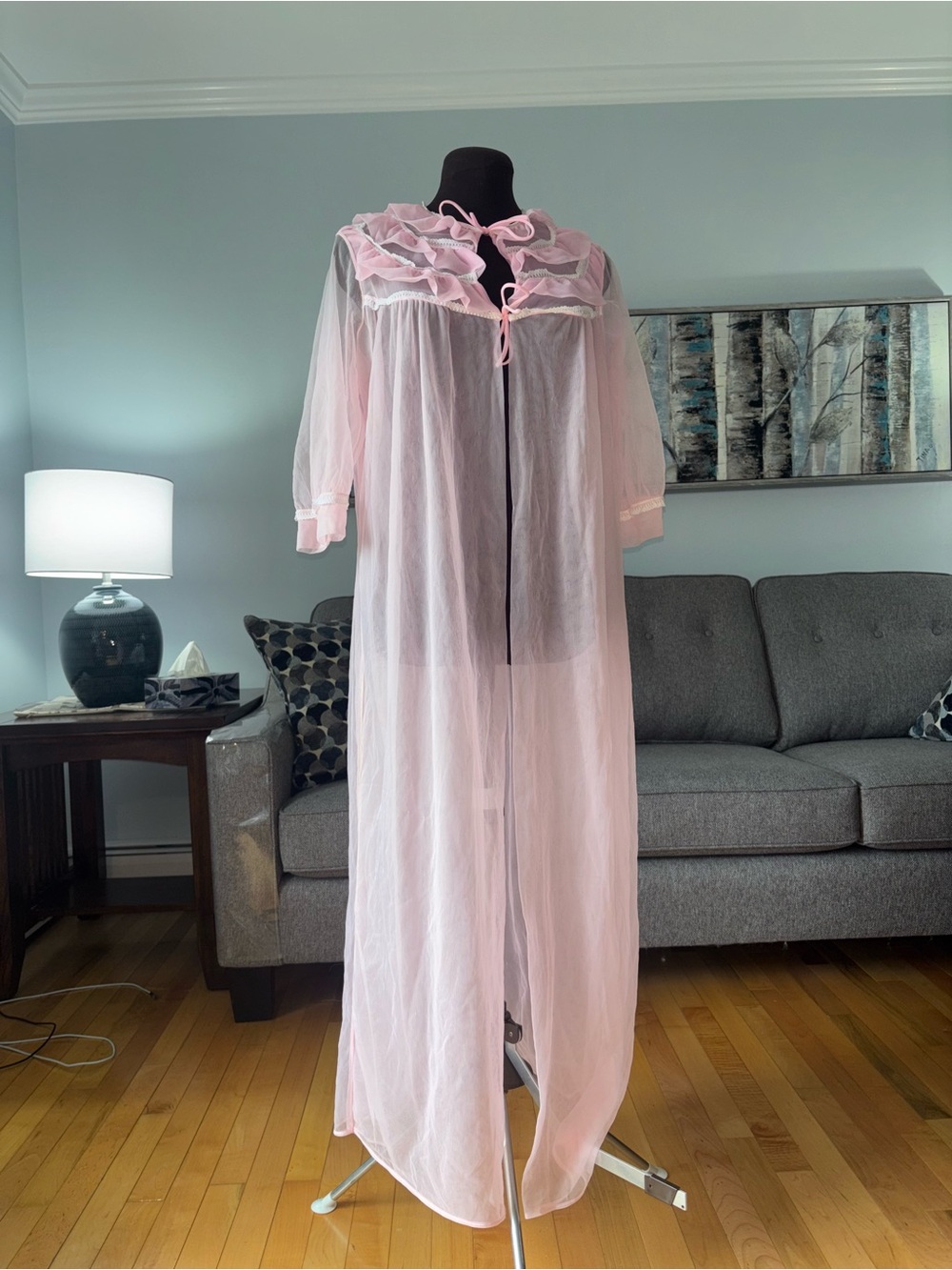 70s Sheer Pink Long Robe with Ruffle Collar and Tie